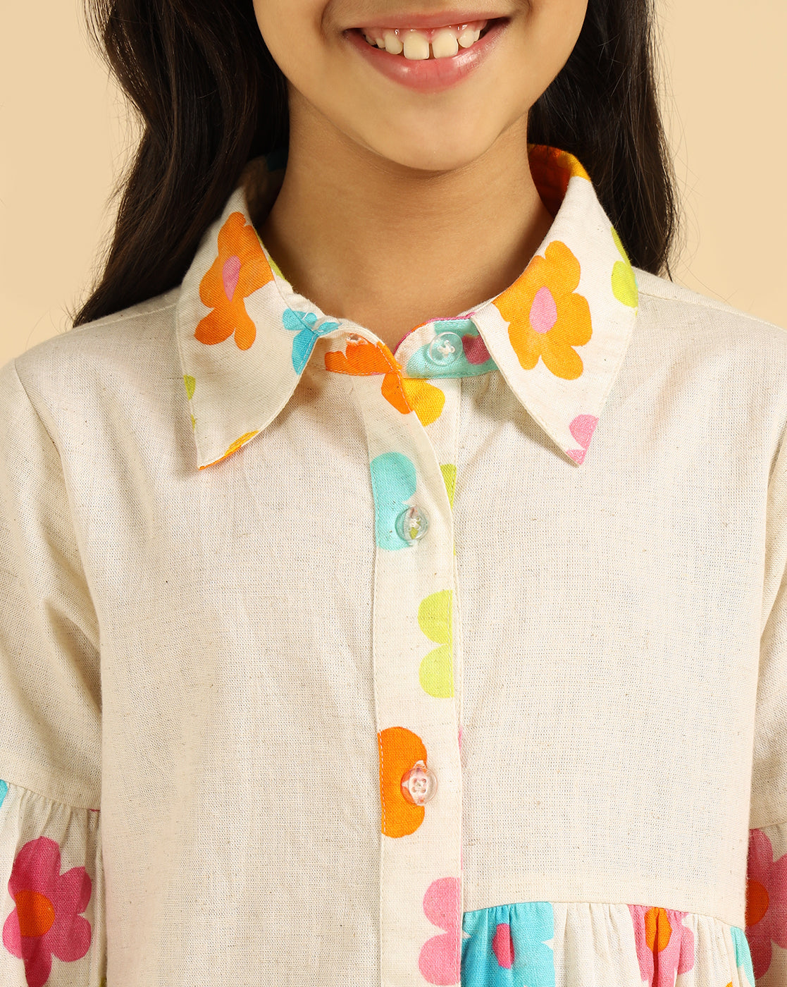 Off White Pure Cotton With Floral Printed Blocking Girls Tiered Shirt Dress