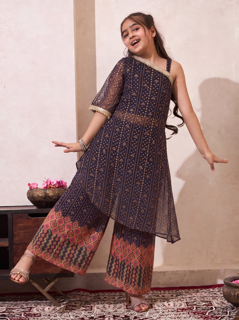 Black Bandhani Border Chiffon One Shoulder Kurta With Palazzo