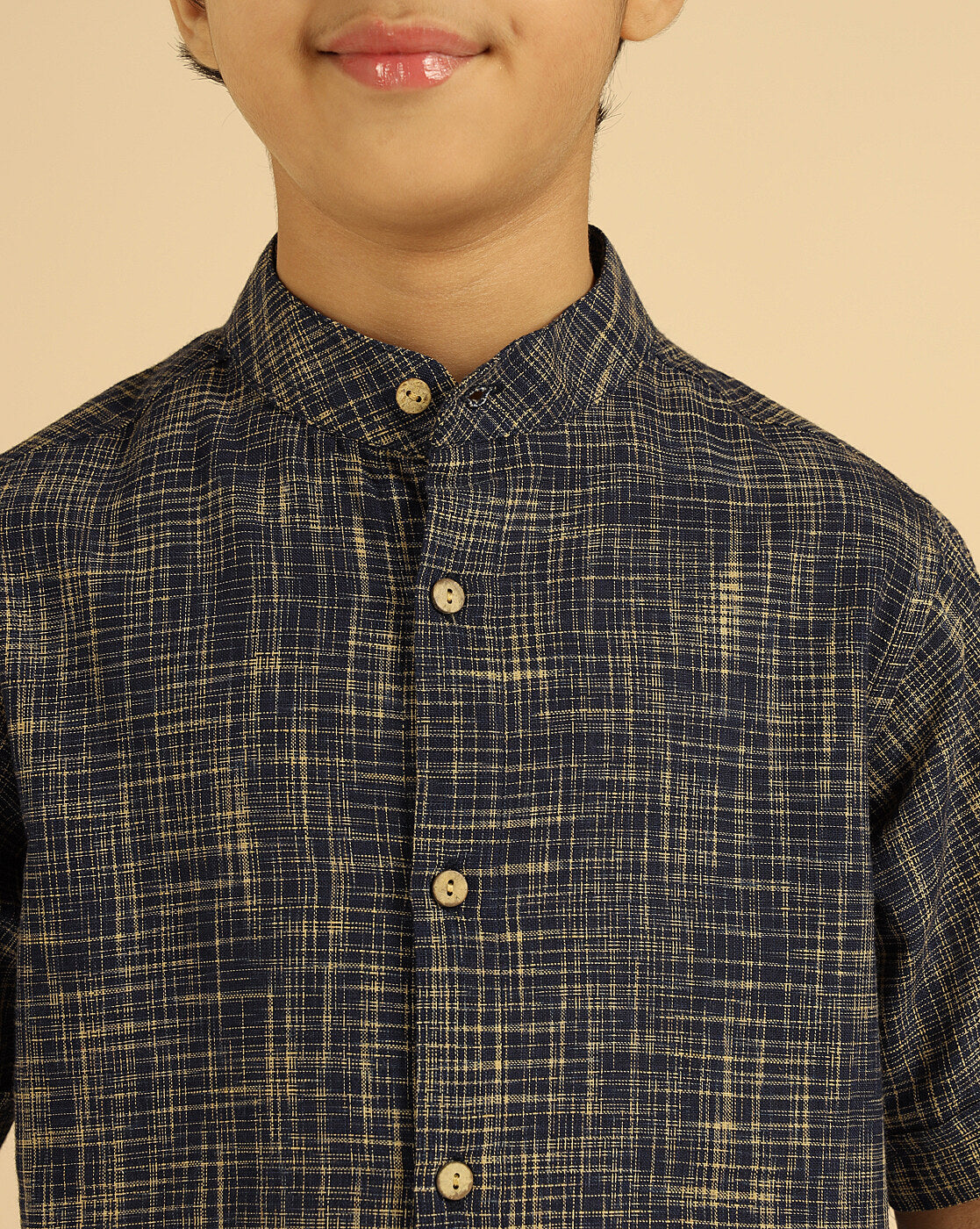 Navy Blue Pure Cotton Khadi Shirt With Shorts Boys Co-Ord Set