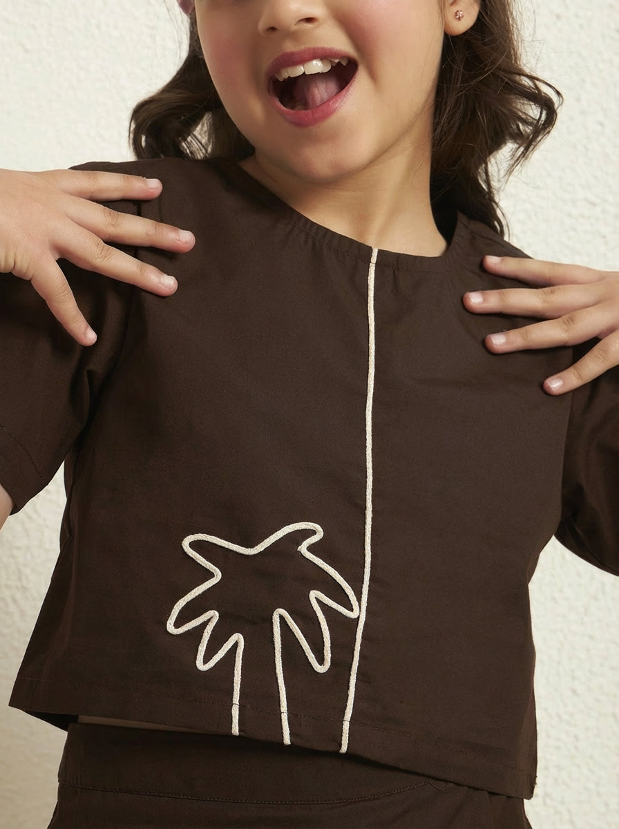 Brown Cotton Poplin Solid Round Neck Girls Co-Ord Set