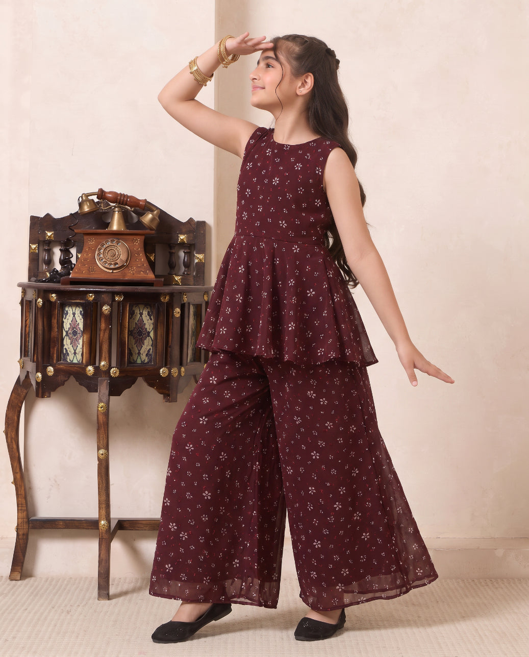 Girl's Wine Floral Print CHiffon Peplum Top & Palazzo Set