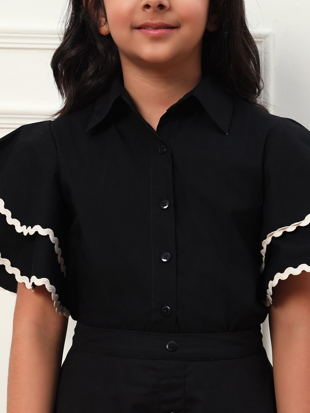 Border Lace Solid Shirt With Layered Skirt Girls Co-ord Set