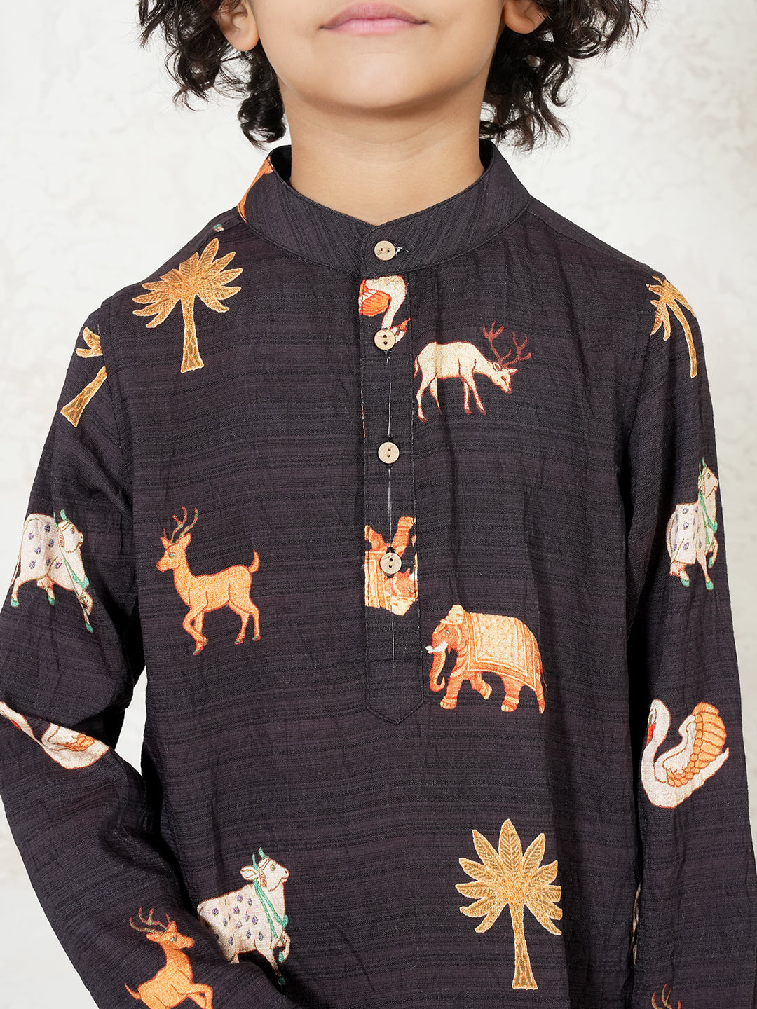 Animal Print Charcoal Black Kurta For Boys