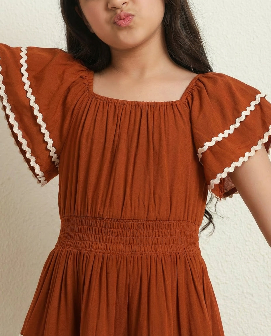 Tan Tiered Dress For Kids