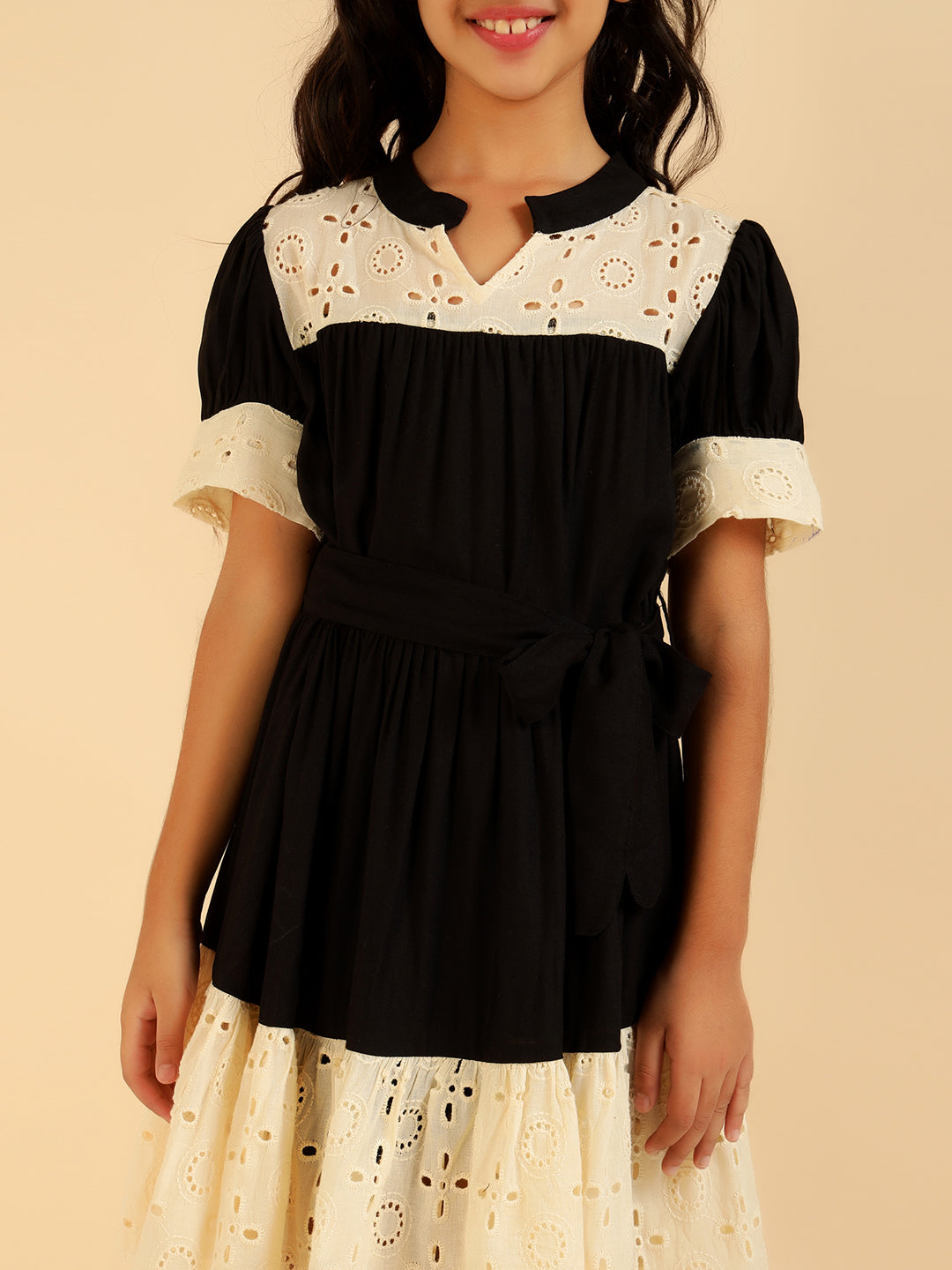 Pure Cotton Embroidered Schiffli Black Tiered Girls Dress