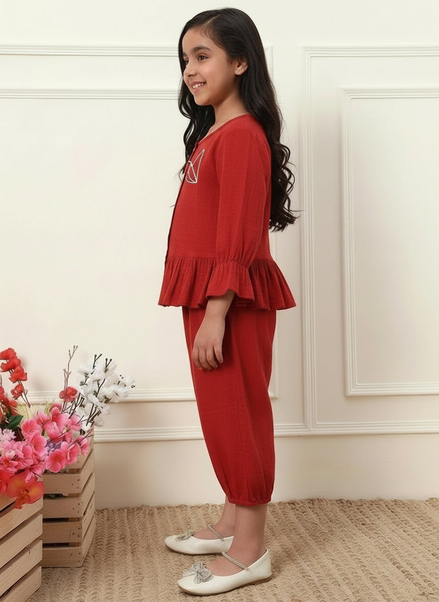 Red Cotton Round Neck Top With Pant Co-ord Set