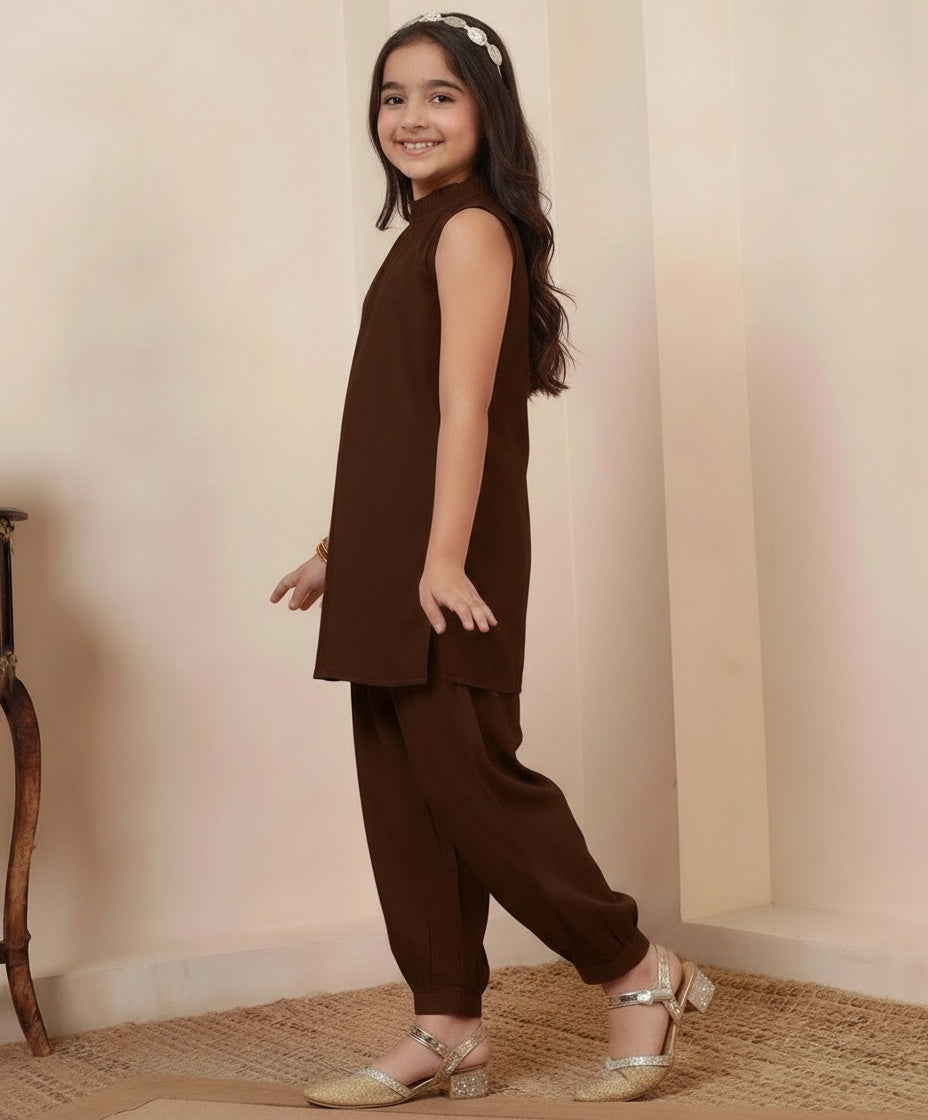 Dark Brown Cotton Kurta With Pant Girls Co-ord Set