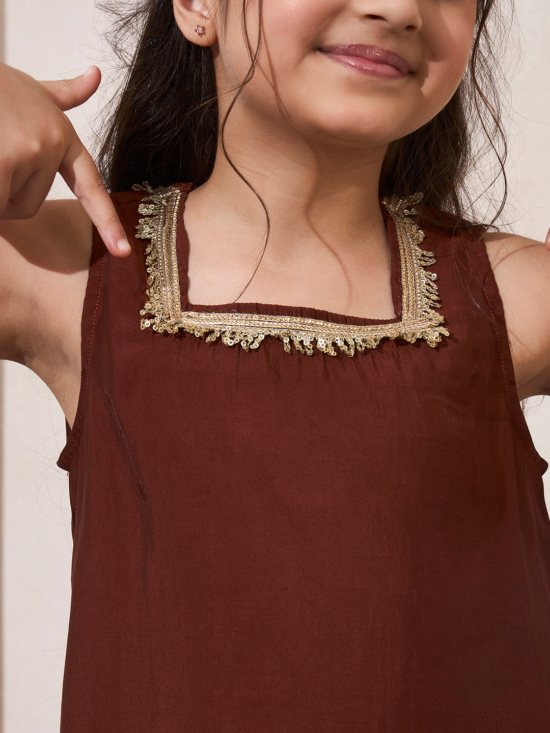 Girls Dark Copper Brown Short Kurti Palazzo Dupatta Set