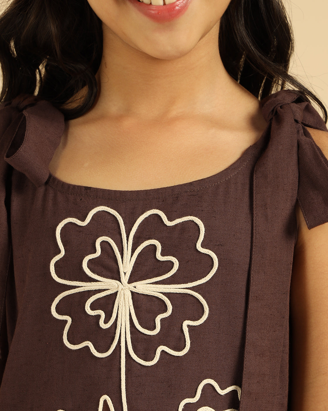 Brown Pure Cotton Embroidered Girls Tiered Dress