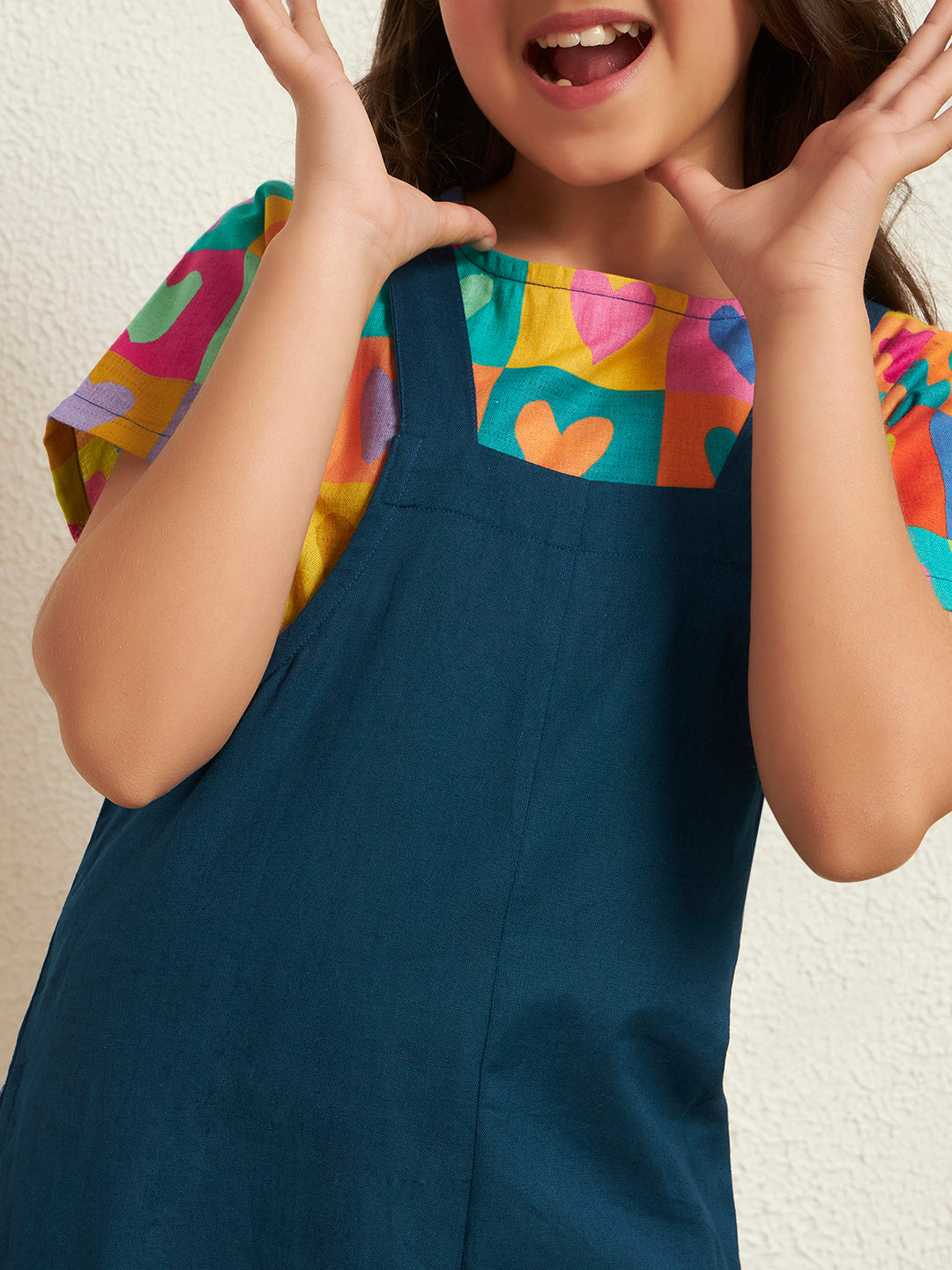 Teal Blue Cotton Poplin Heart Print With Solid Pattern Girl's Jumpsuit Set