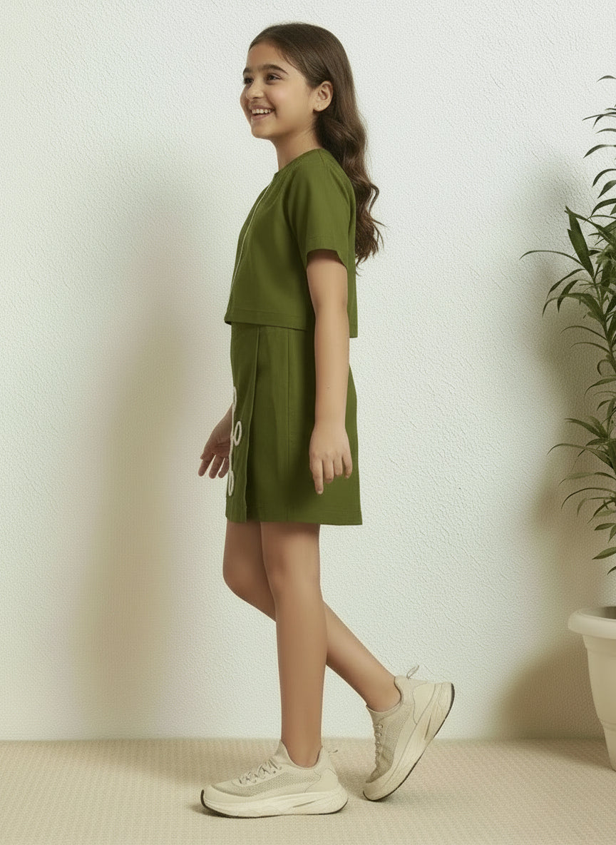 Olive Green Cotton Round Neck Embroidered Crop Top and Skirt Set For Girls
