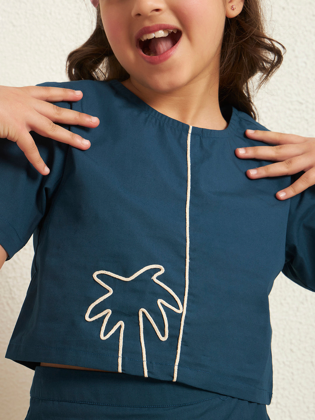 Teal Blue Cotton Poplin Solid Round Neck Girls Co-Ord Set