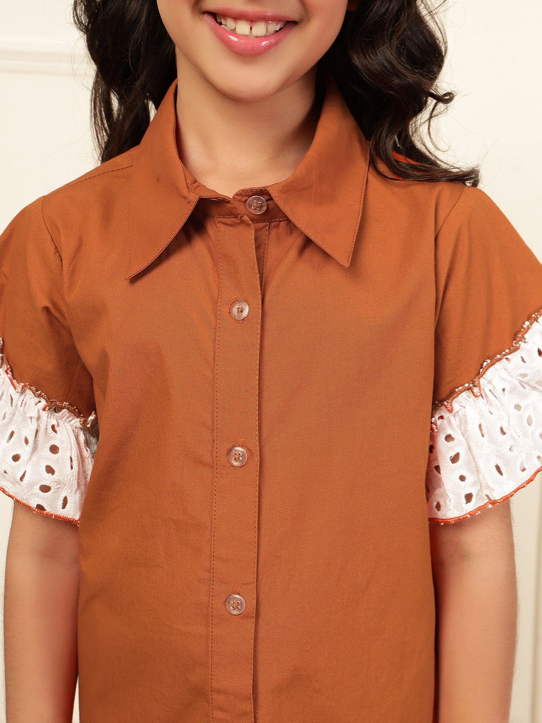 Loose-Fit Schiffli Tiered Shirt Dress