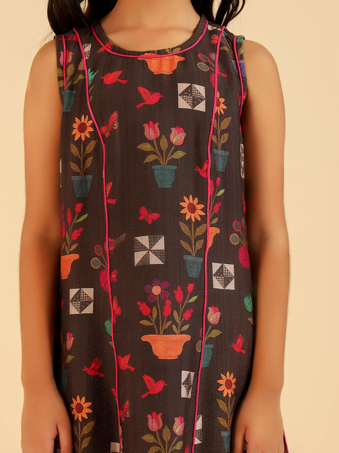 Brown Multi Color Floral Panel Girls Dress