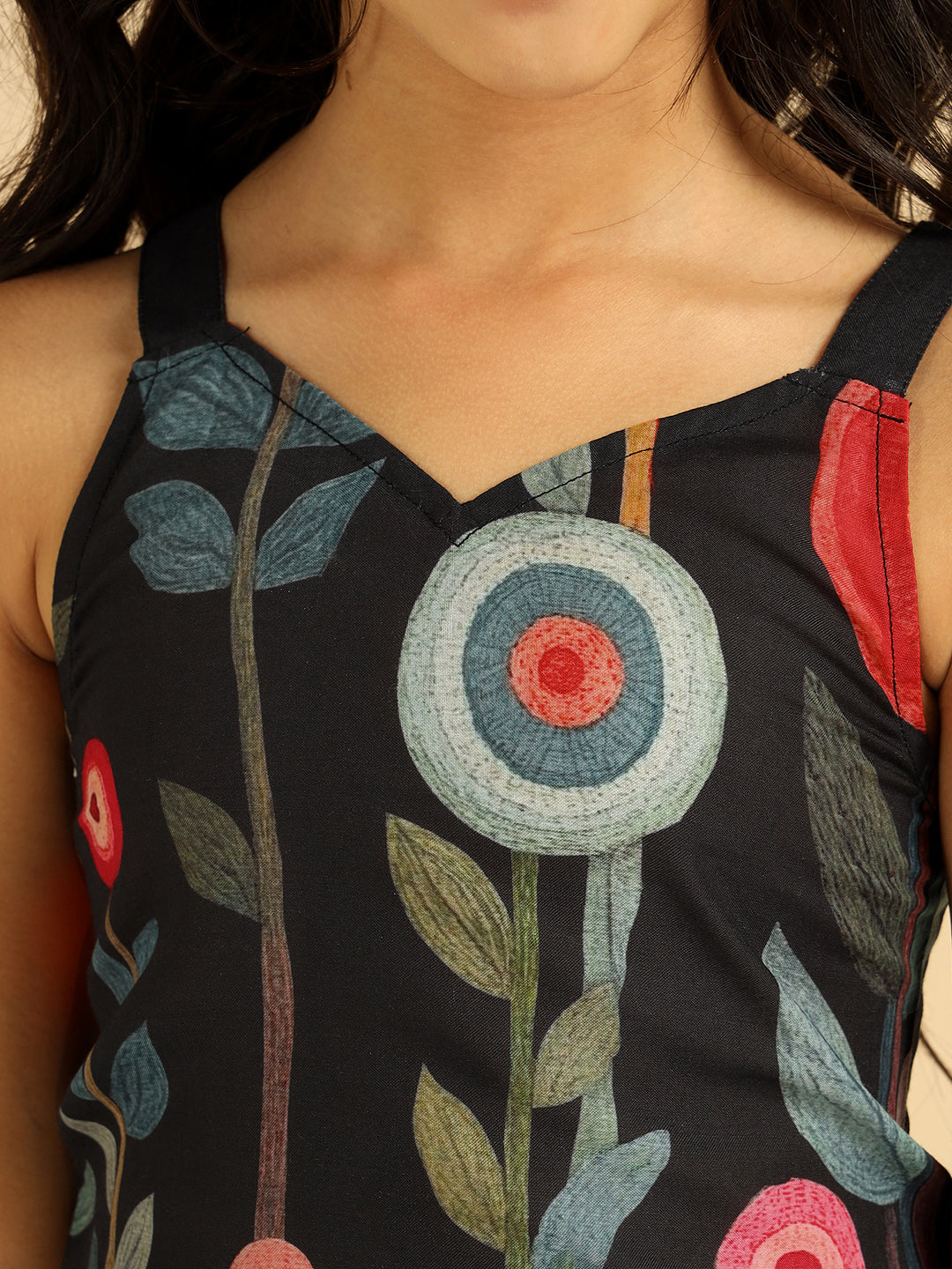 Black Floral Top With Skirt Indo Western Girls Co-Ord Set