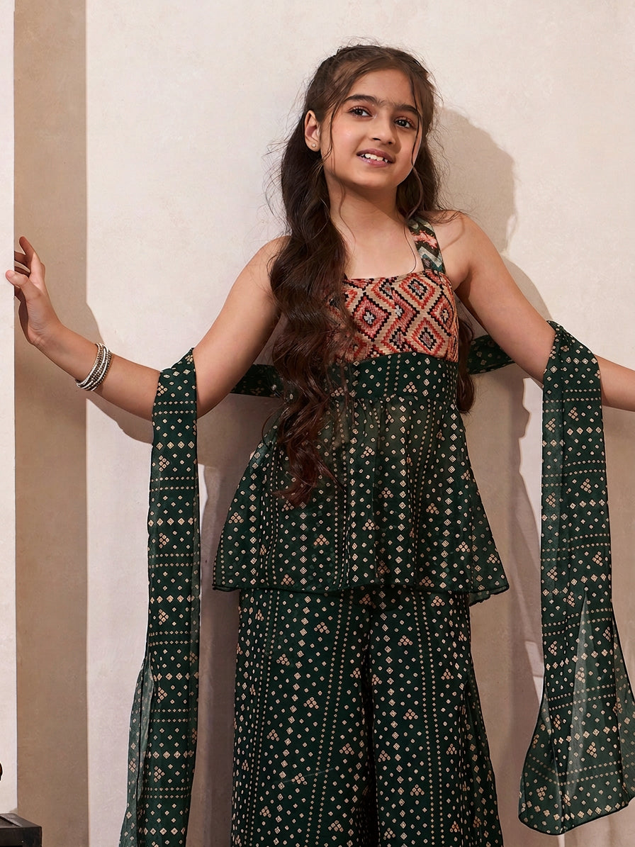 Black Bandhani Border Chiffon Peplum Top & Palazzo With Dupatta
