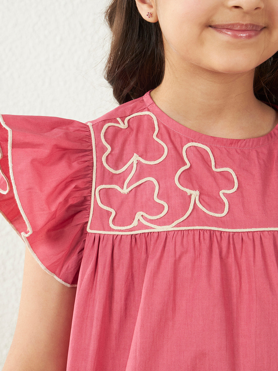 Girls Pink Cotton Poplin Dori Work Top & Frill Pant Co-Ord Set