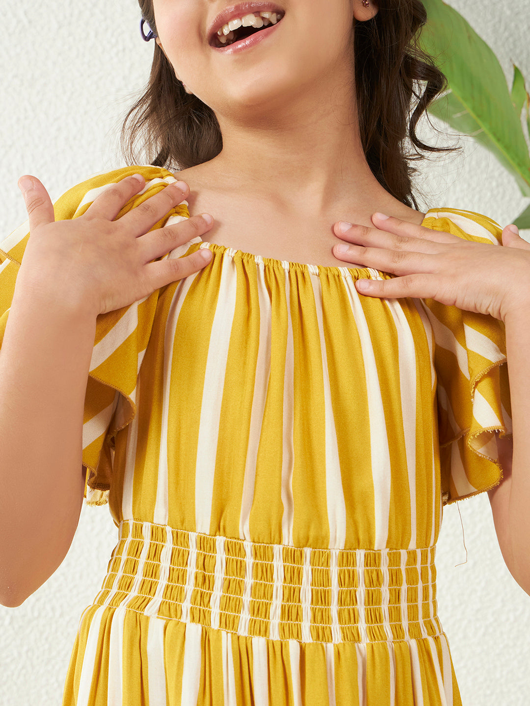 Rayon Yellow Bell Sleeves Striped Tiered Knee Length Dress