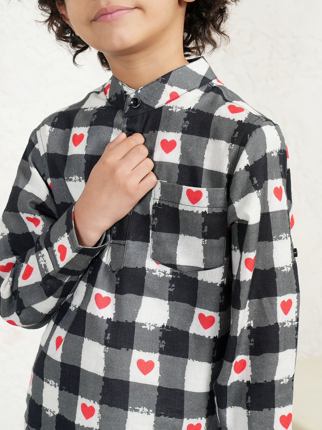 Heart Print Check Kurta For Boys