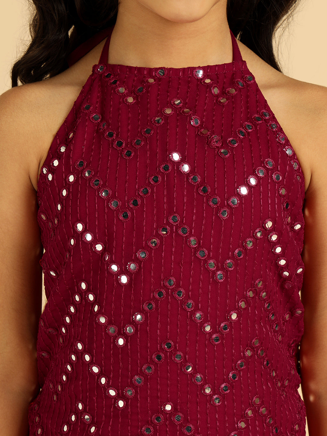 Magenta Embroidered Top With Sharara Girls Co-Ord Set