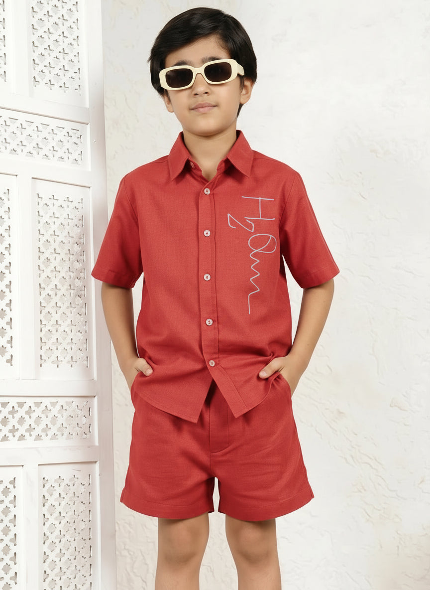Red Cotton Printed Shirt Collar Shirt With Shorts Co-ord Set