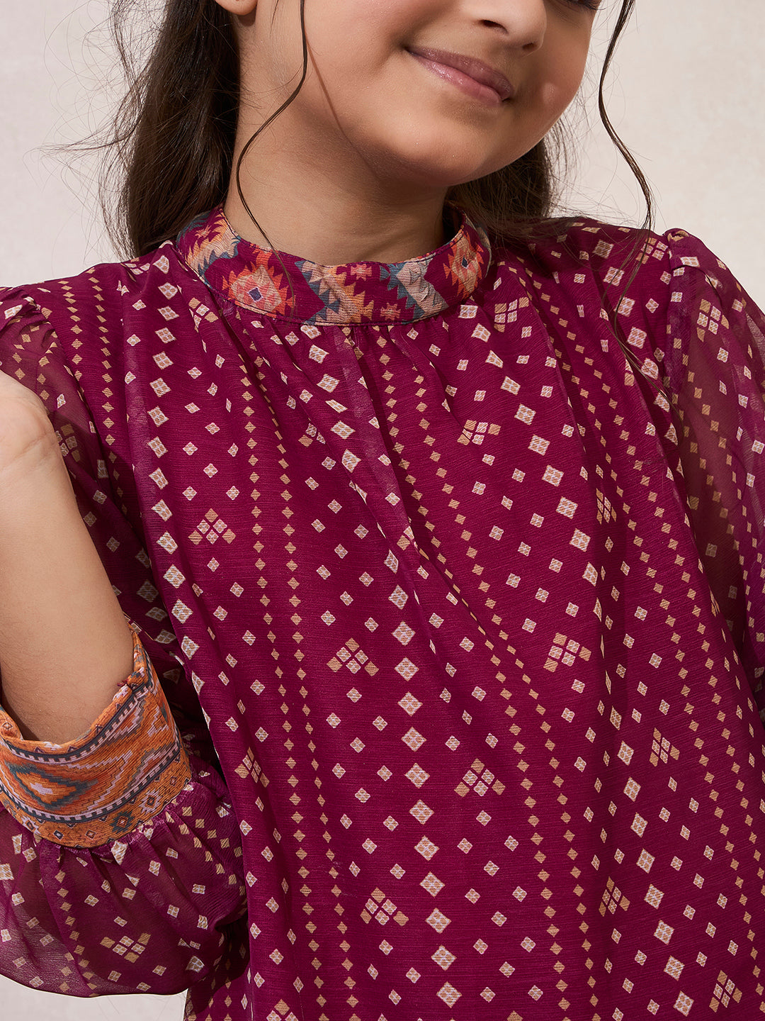 Wine B&hani Gathered Neck Kurta With Pant
