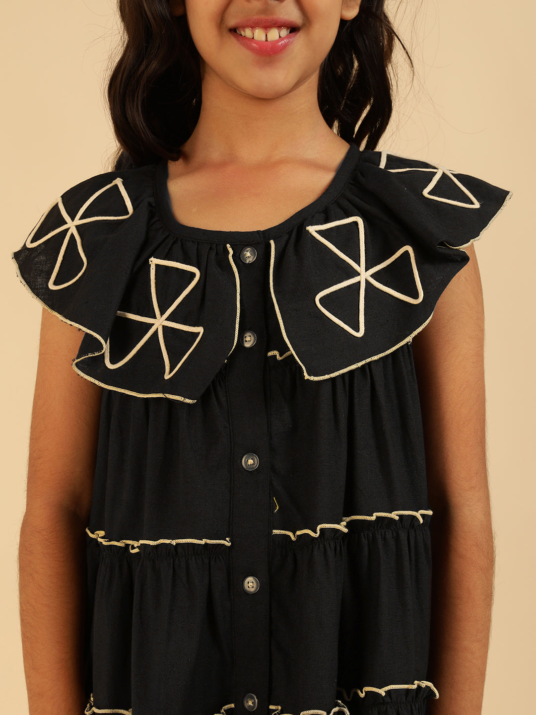 Pure Cotton Black Embroidered Tiered Girls Dress