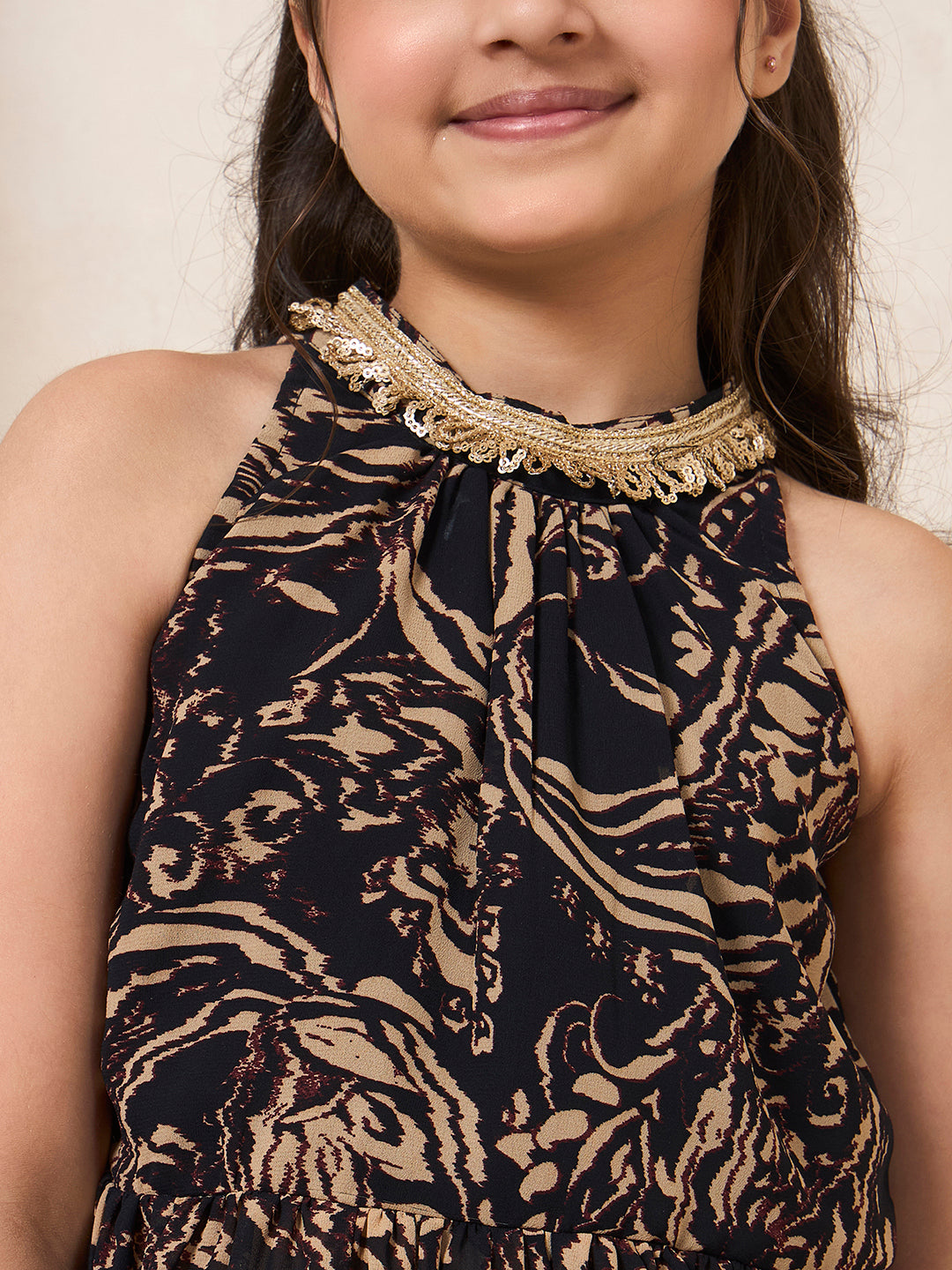 Girl's Black & Beige Abstract Print Chiffon Peplum Top & Palazzo Set
