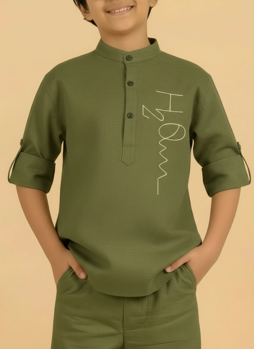 Olive Green Cotton Mandarin Collar Embroidered Short Kurta With Short Co-ord Set
