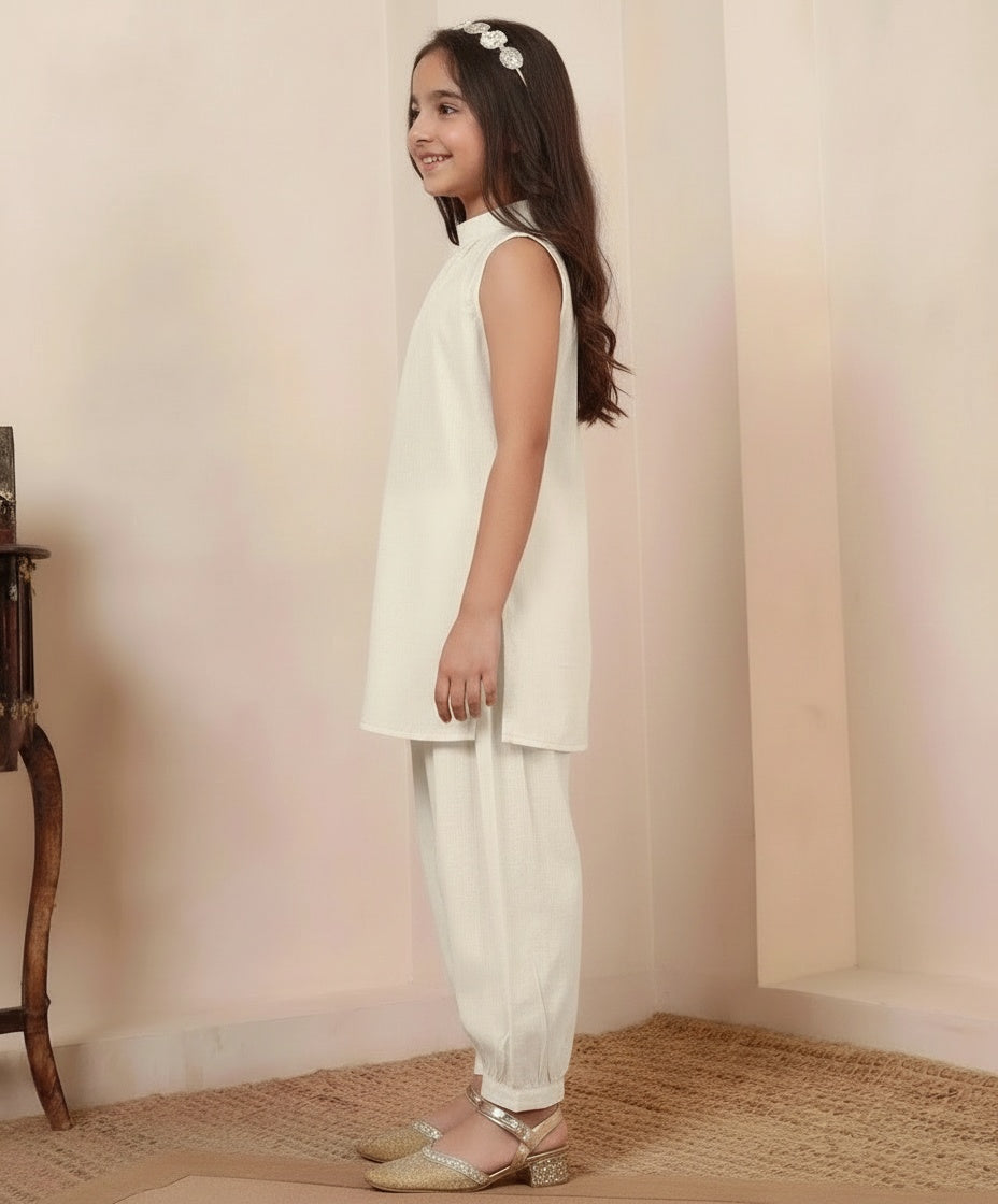 Off White Cotton Kurta With Pant Girls Co-ord Set