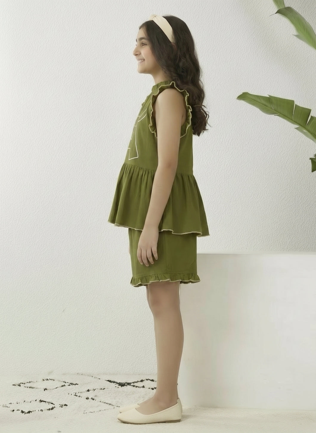 Olive Green Cotton Halter Neck Top With Short Co-ord Set