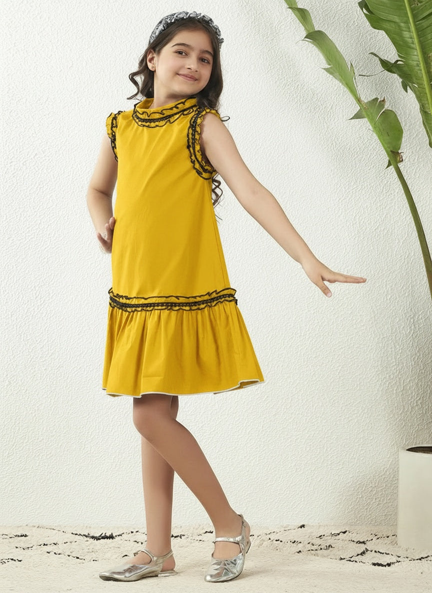 Yellow Cotton Poplin A-Line Above Knee Length Dress