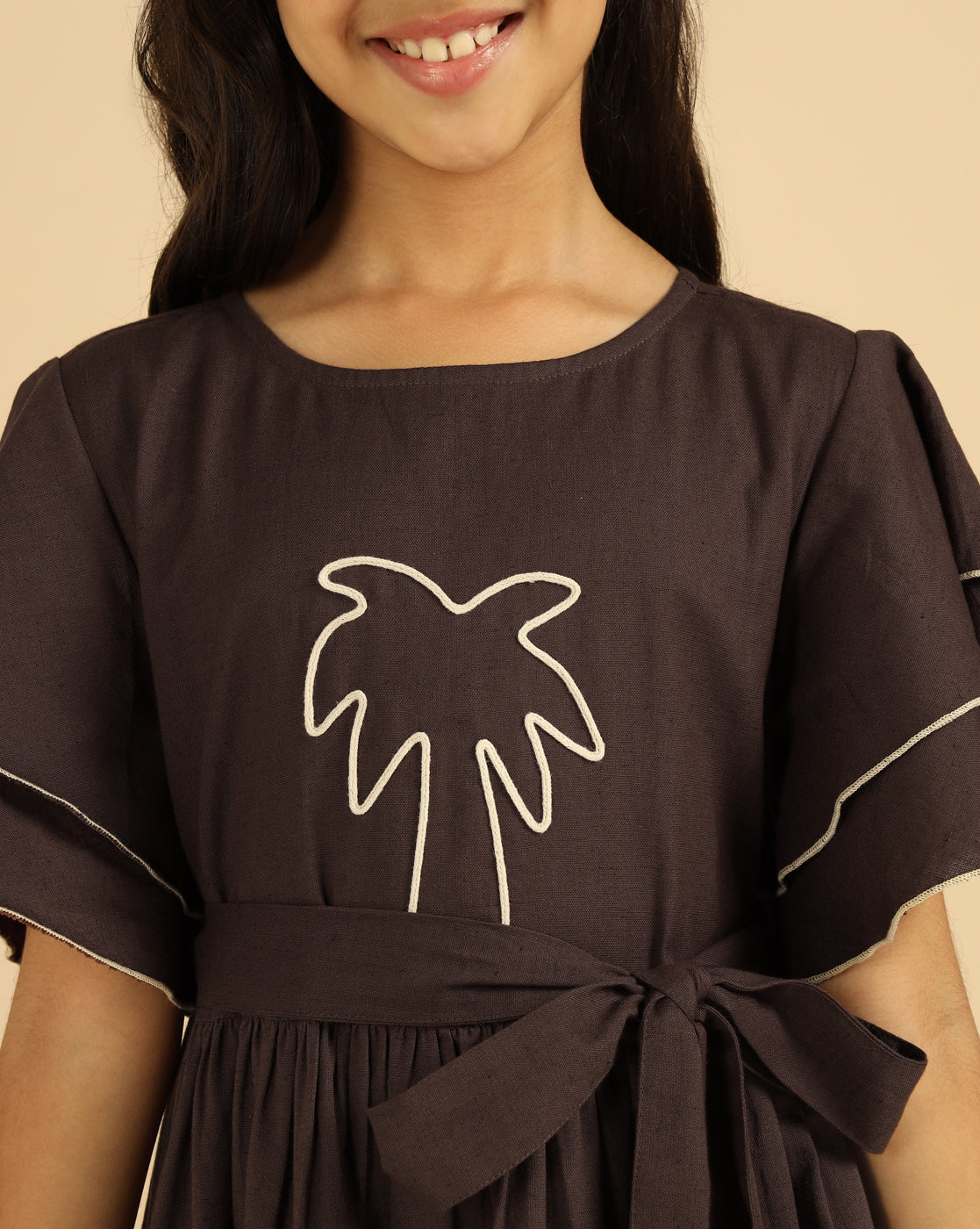 Brown Embroidered Palm Motif Pure Cotton Girls Dress