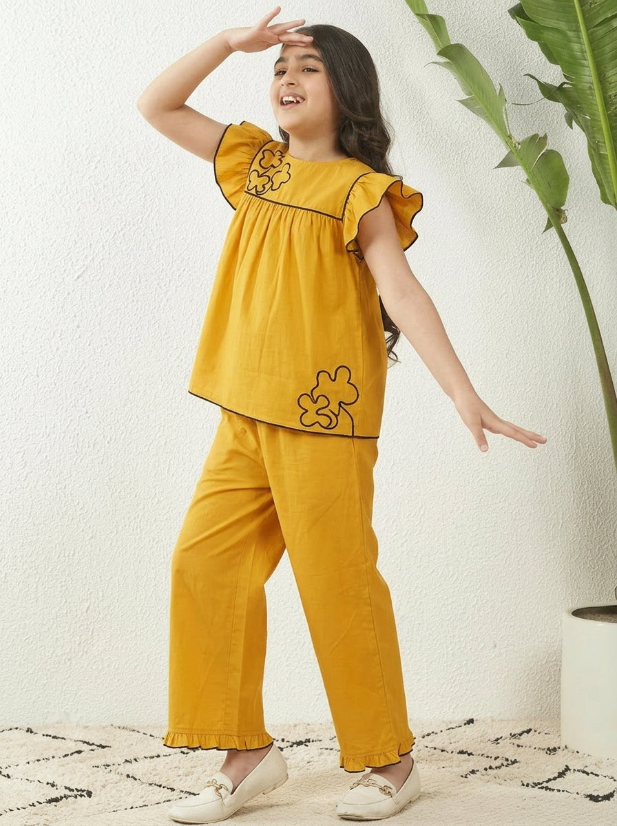 Girls Yellow Cotton Dori Work Top& Frill Pant Co-Ord Set