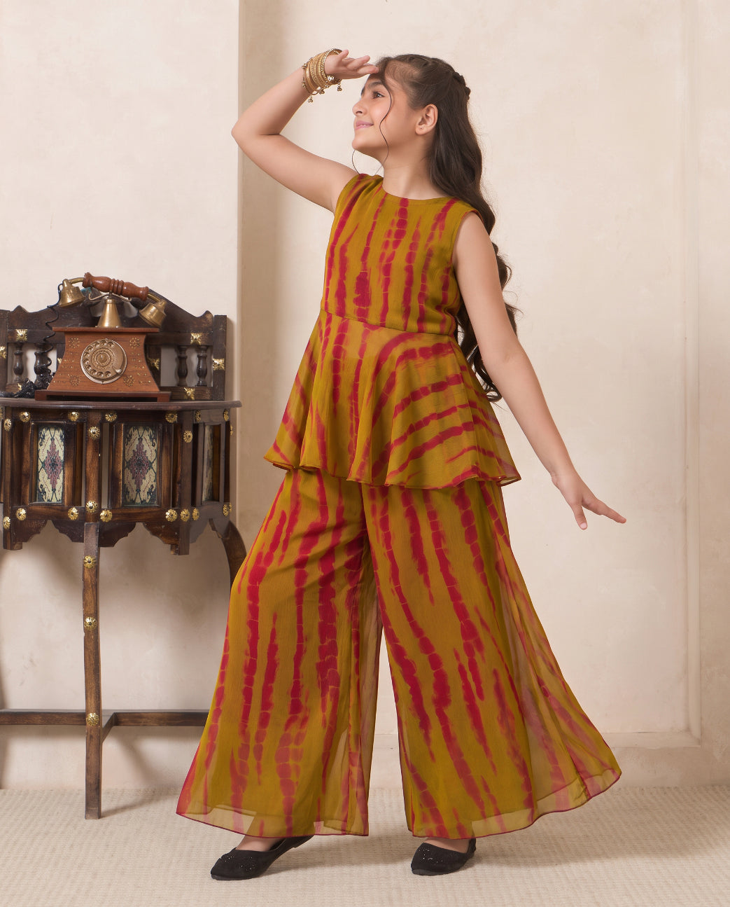 Girl's Multicolor Tie Dye Chiffon Peplum Top & Palazzo Set