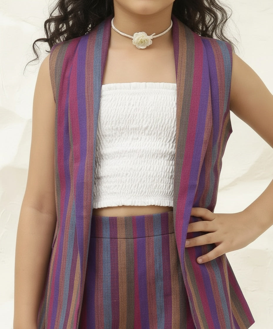 Multi Striped Cotton Blazer With Shorts Girl Co-ord Set