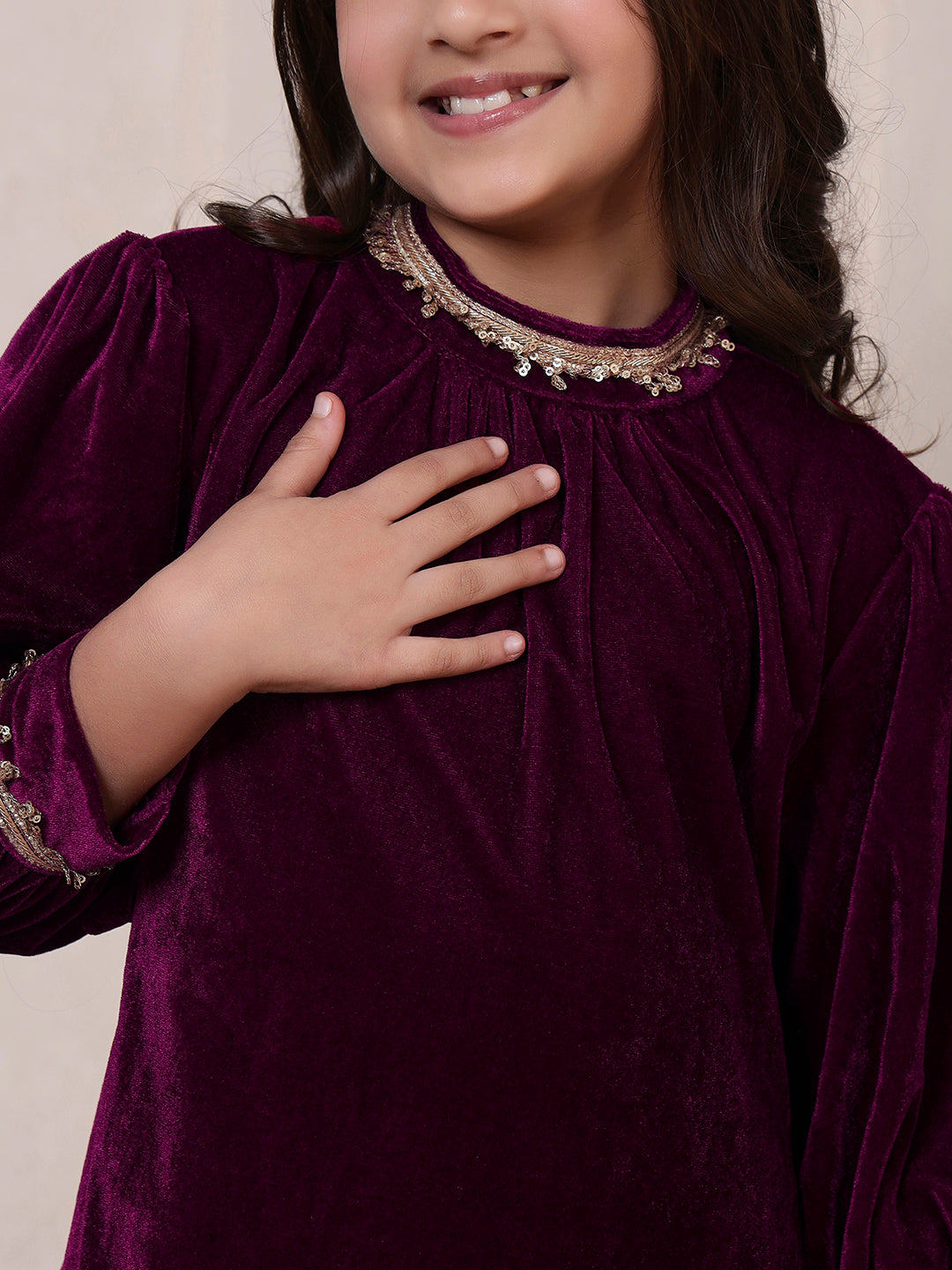 Velvet Band Collar Fusion Kurta Set