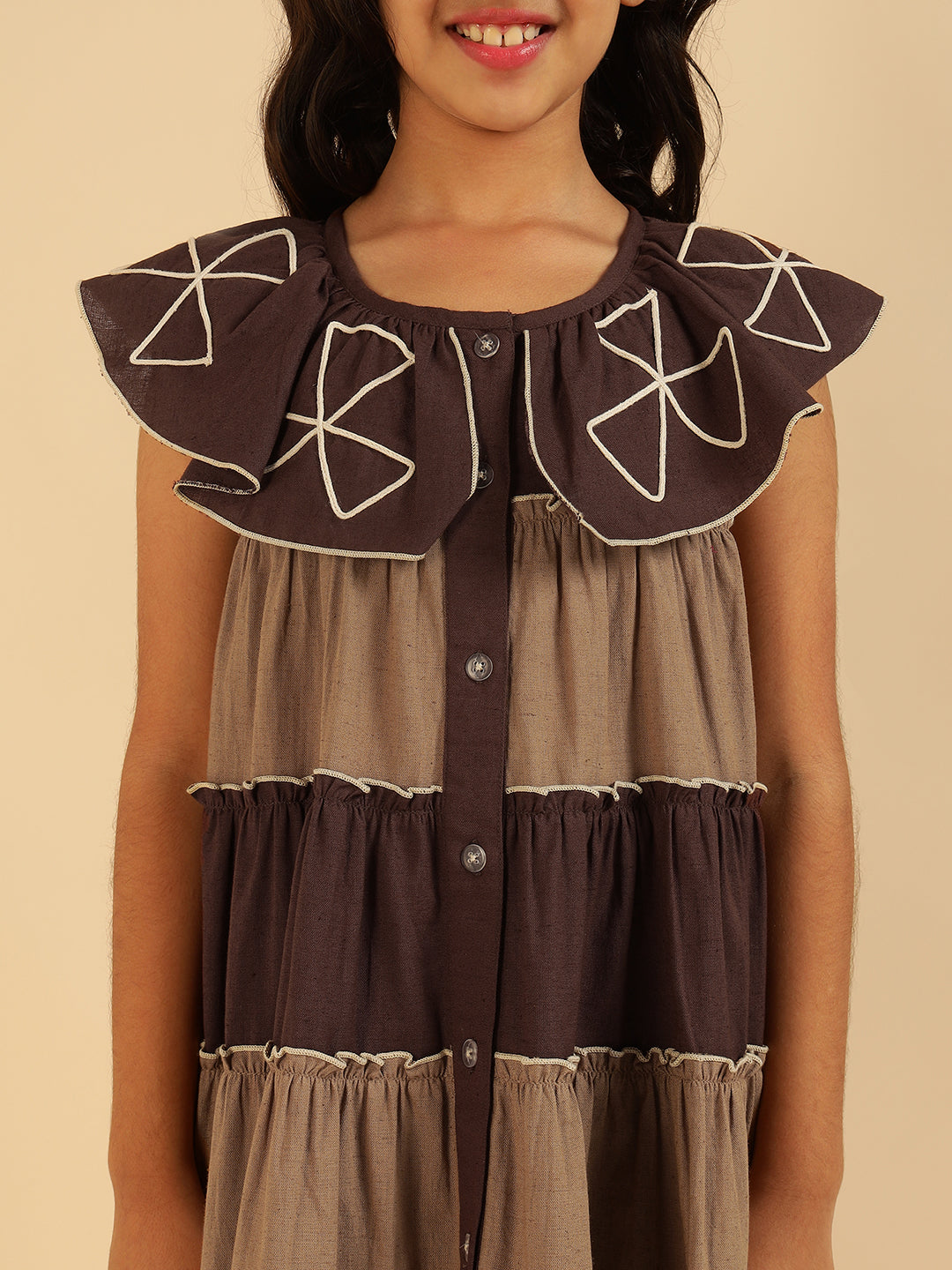 Pure Cotton Colorblock Embroidered Tiered Girls Dress