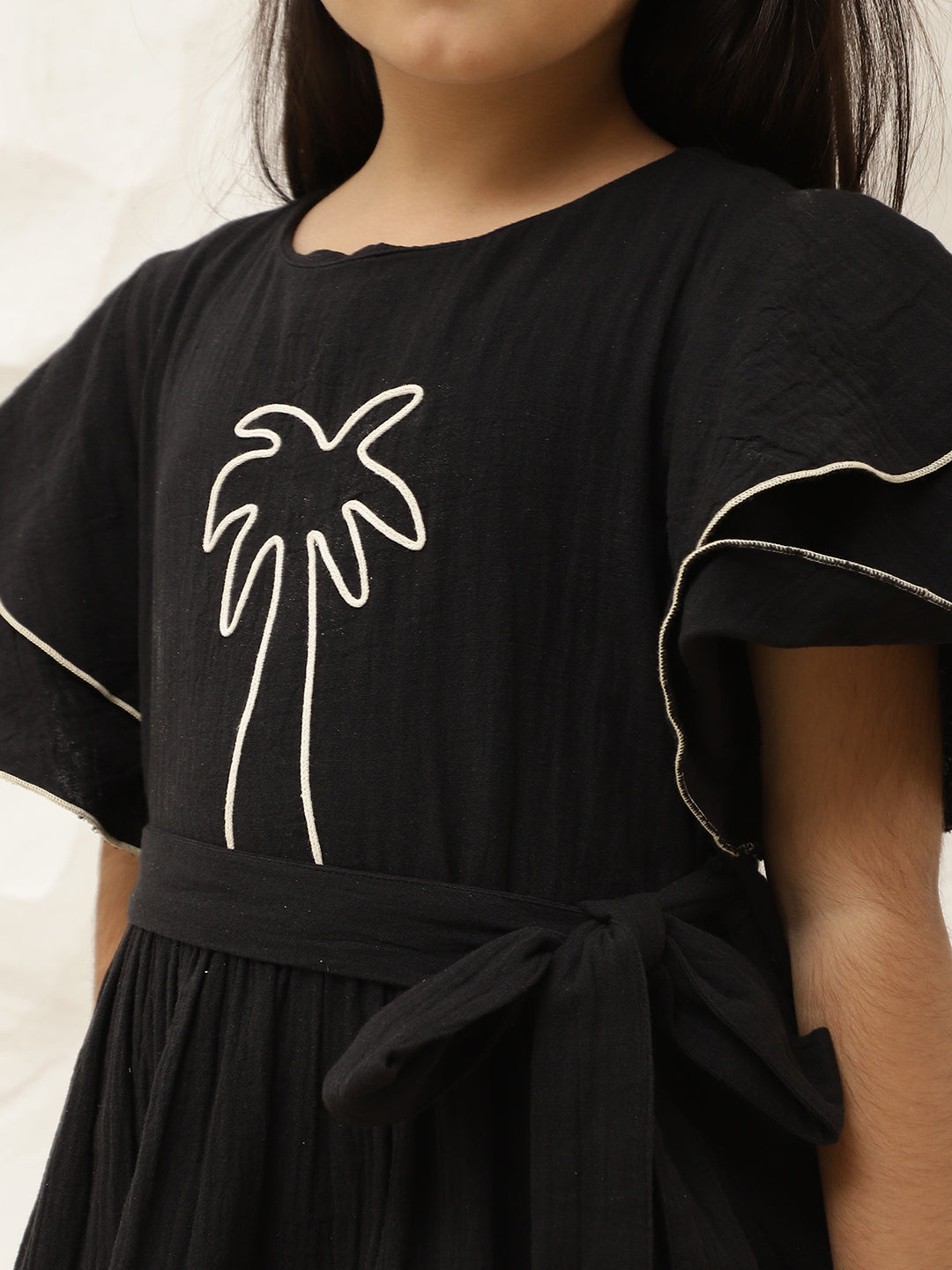 Embroidered Palm Motif Pure Cotton Gauze Dress For Girls