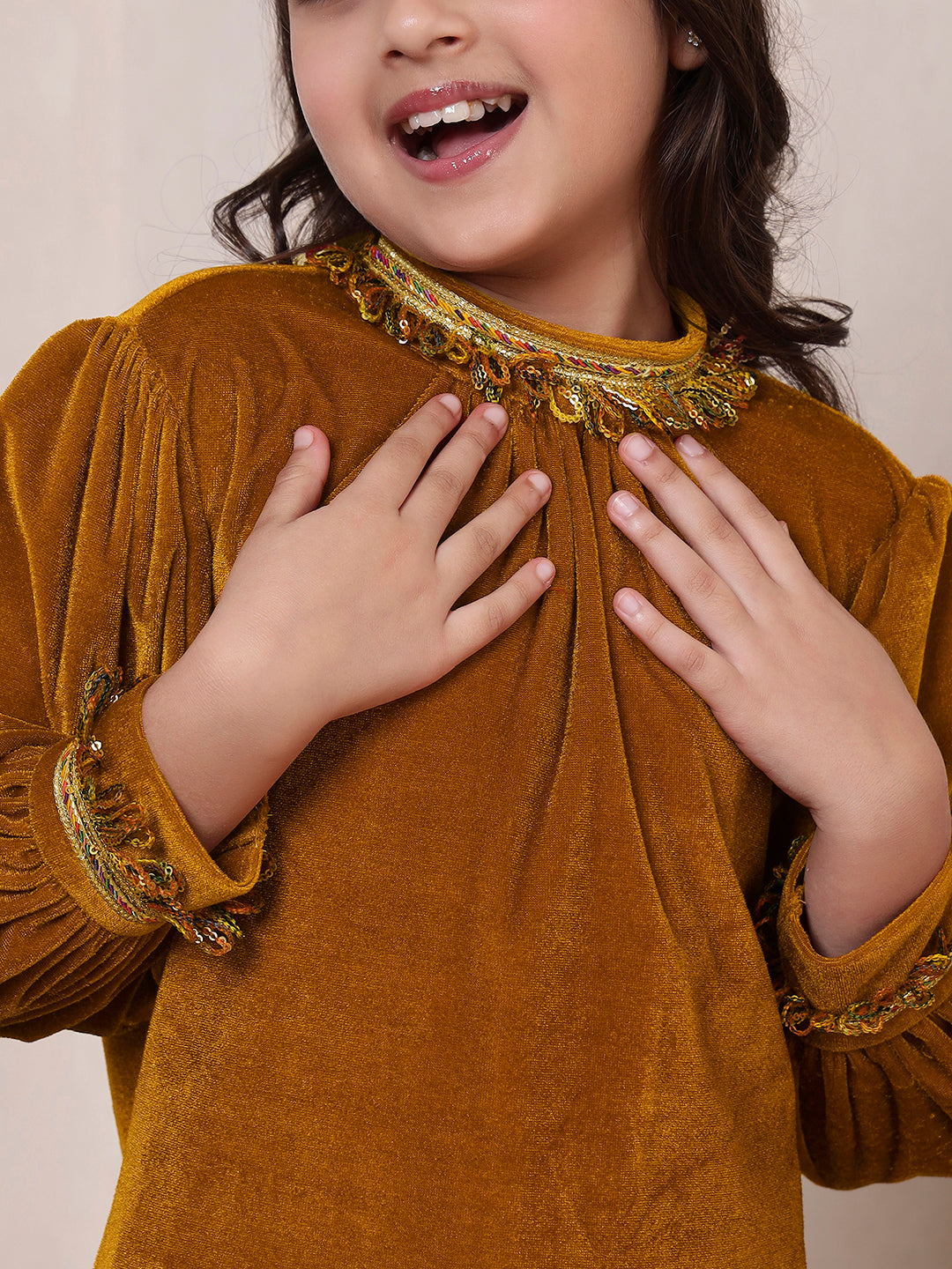 Mustard Velvet Band Collar Kurta Set