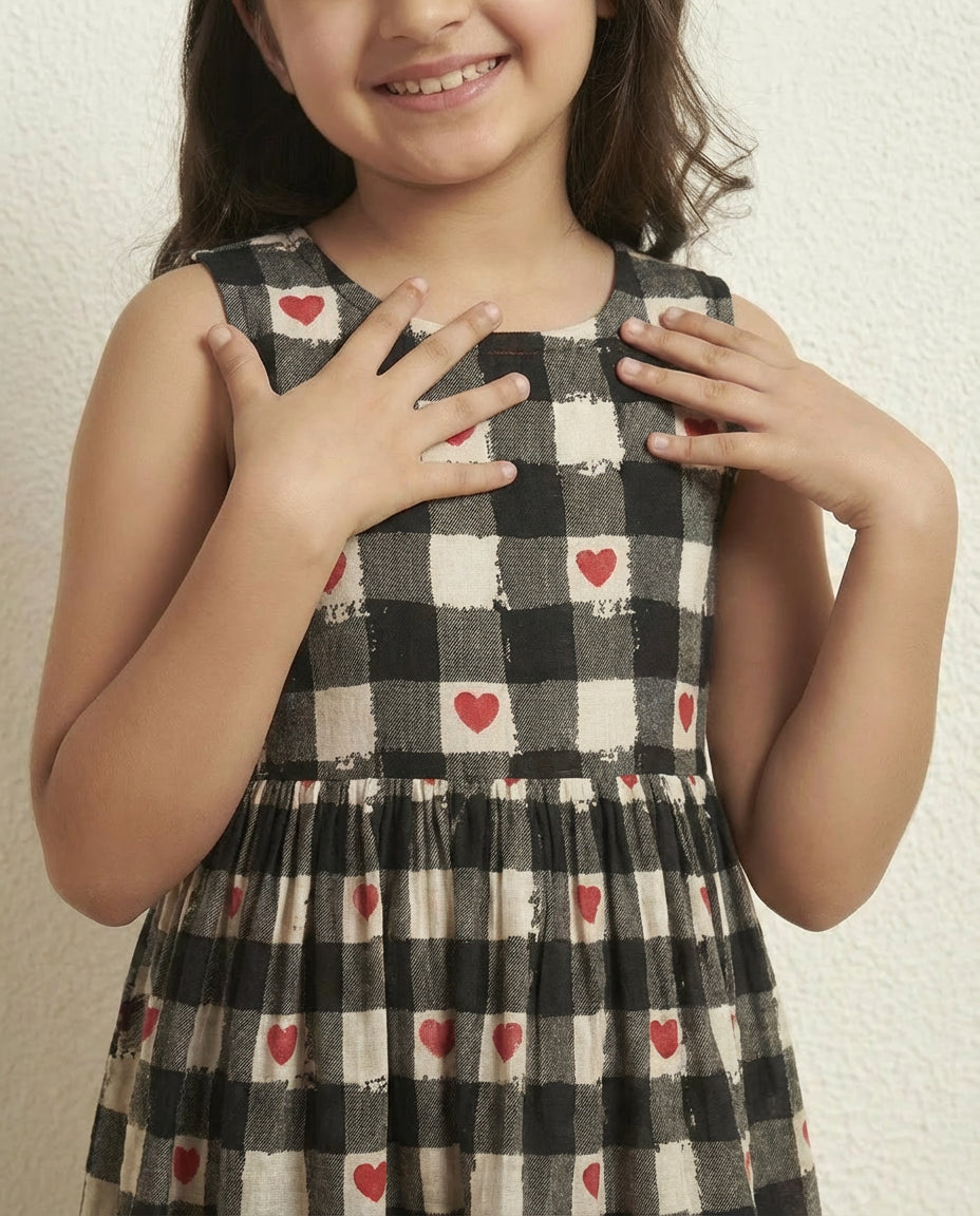 Girl's Black Cotton Check Heart Print Tiered Dress