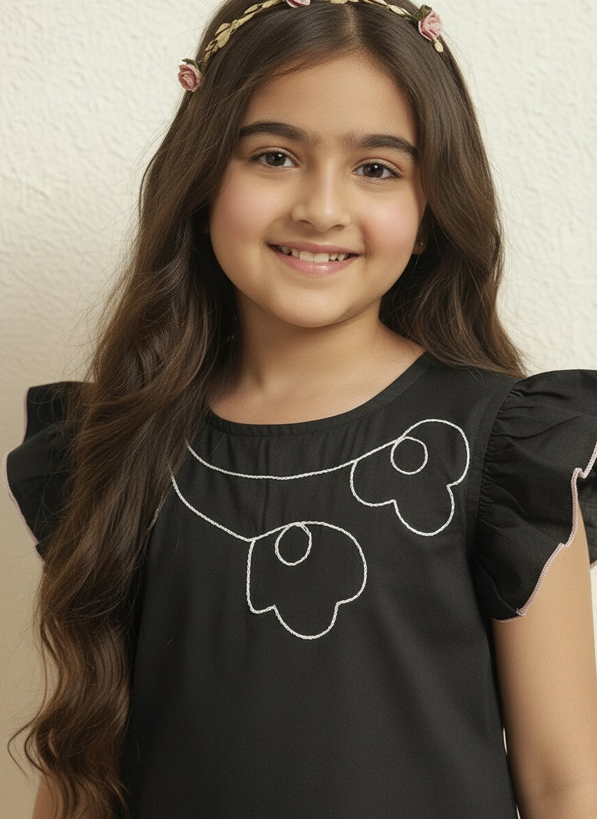Girls Black Cotton Poplin Floral Dori Work A-Line Dress