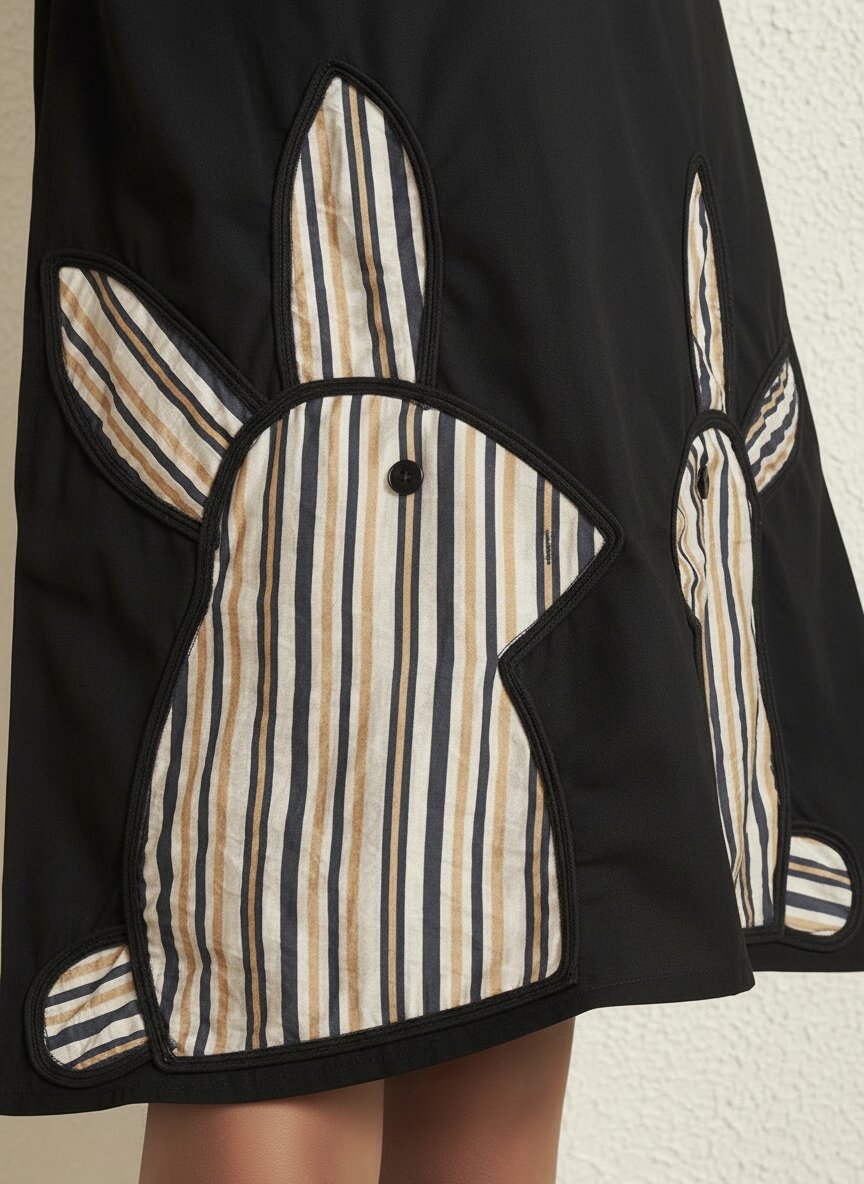 Girl's Black Playful Bunny Cotton Poplin Solid With Stripe A-Line Dress