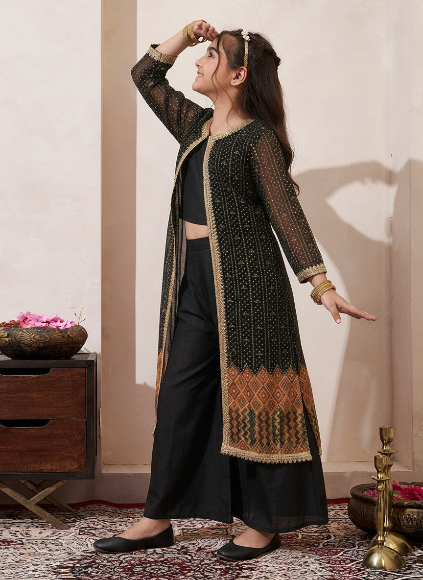 Black Chiffon Bandhani Boder Shrug With Top & Palazzo Set
