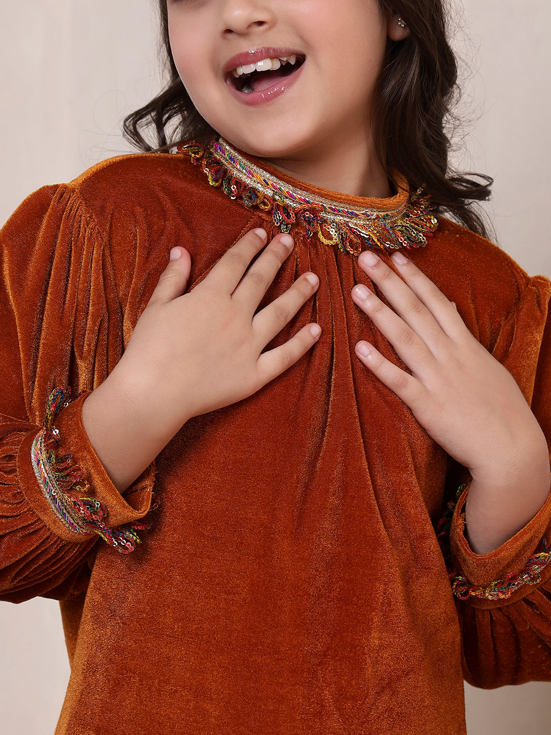 Mustard Velvet Band Collar Kurta Set