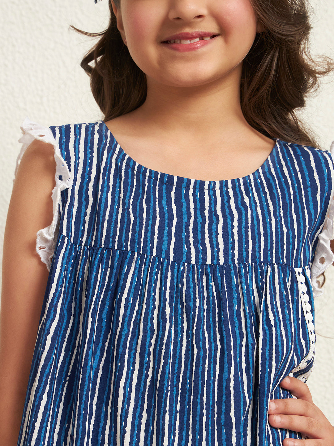 Girl's Blue Rayon & Schiffli Stripe With Embroidered A-Line Flared Knee Length Dress