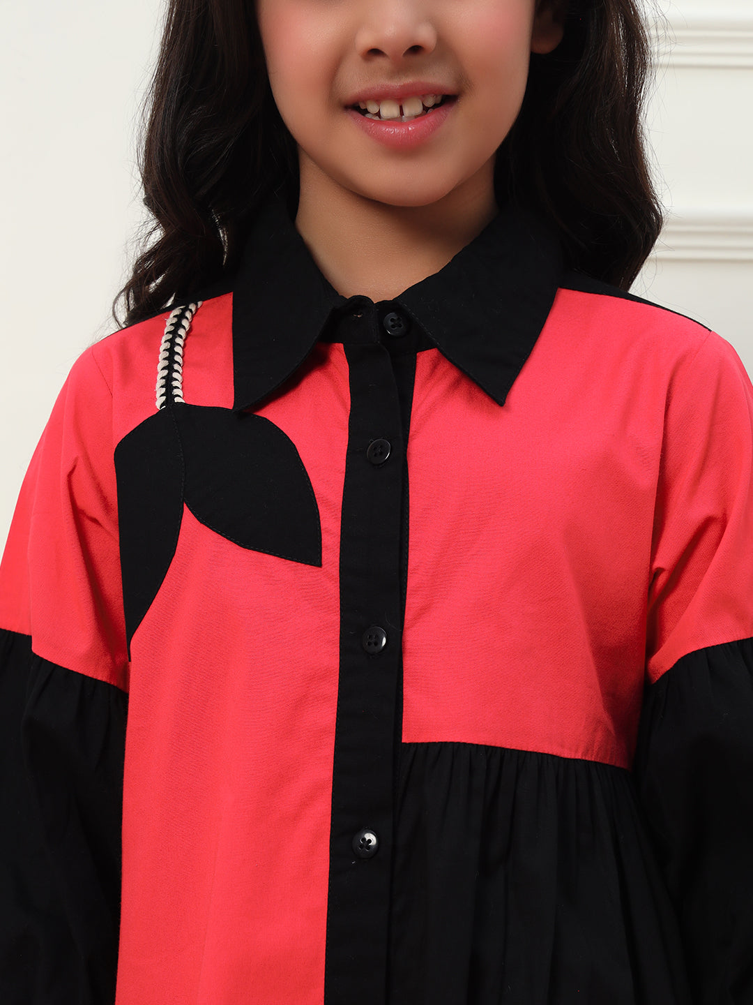 Black & Pink Colorblock Gathered Dress