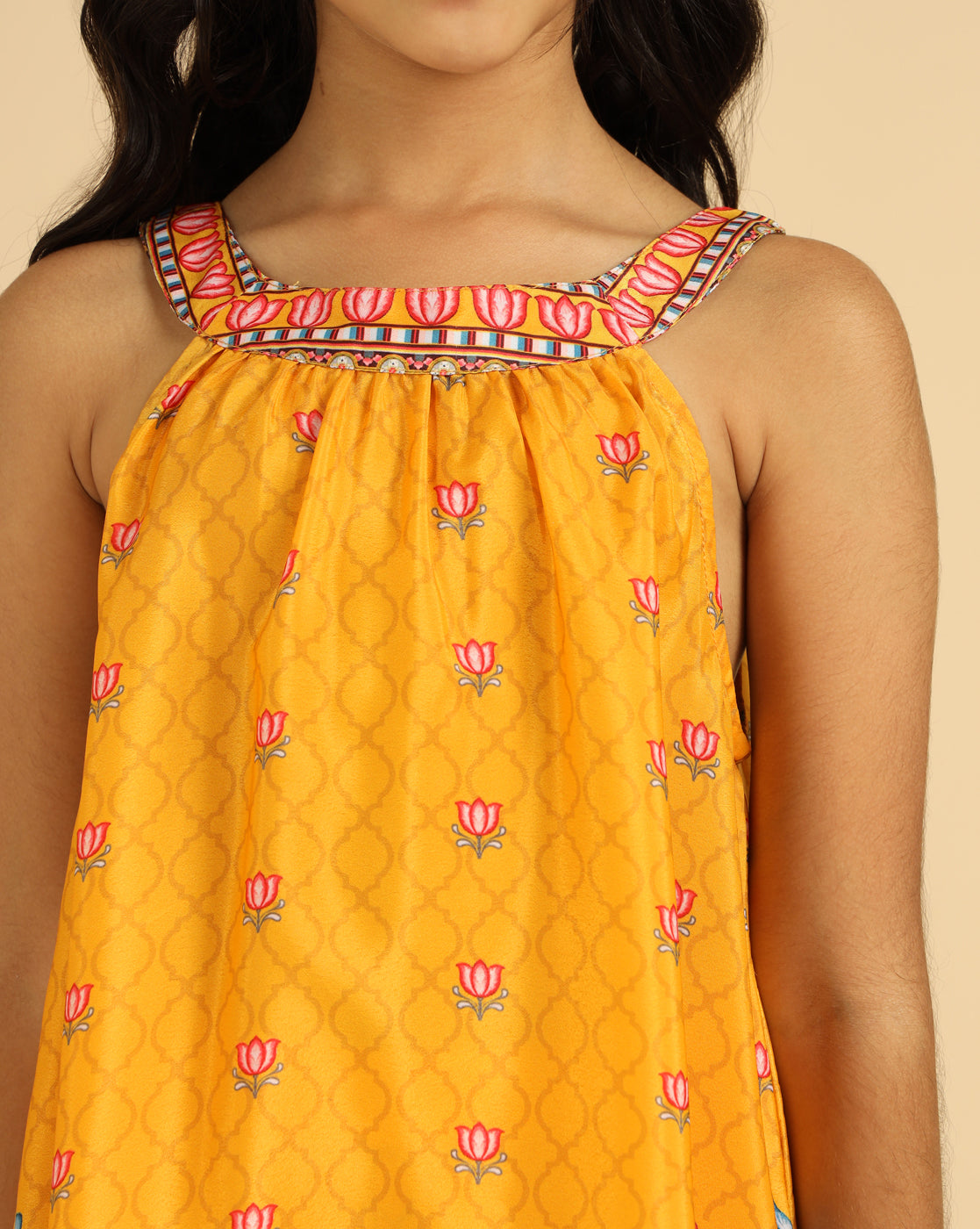 Yellow Halter Neck Top With Gathered Pant Indo Western Girls Co-Ord Set