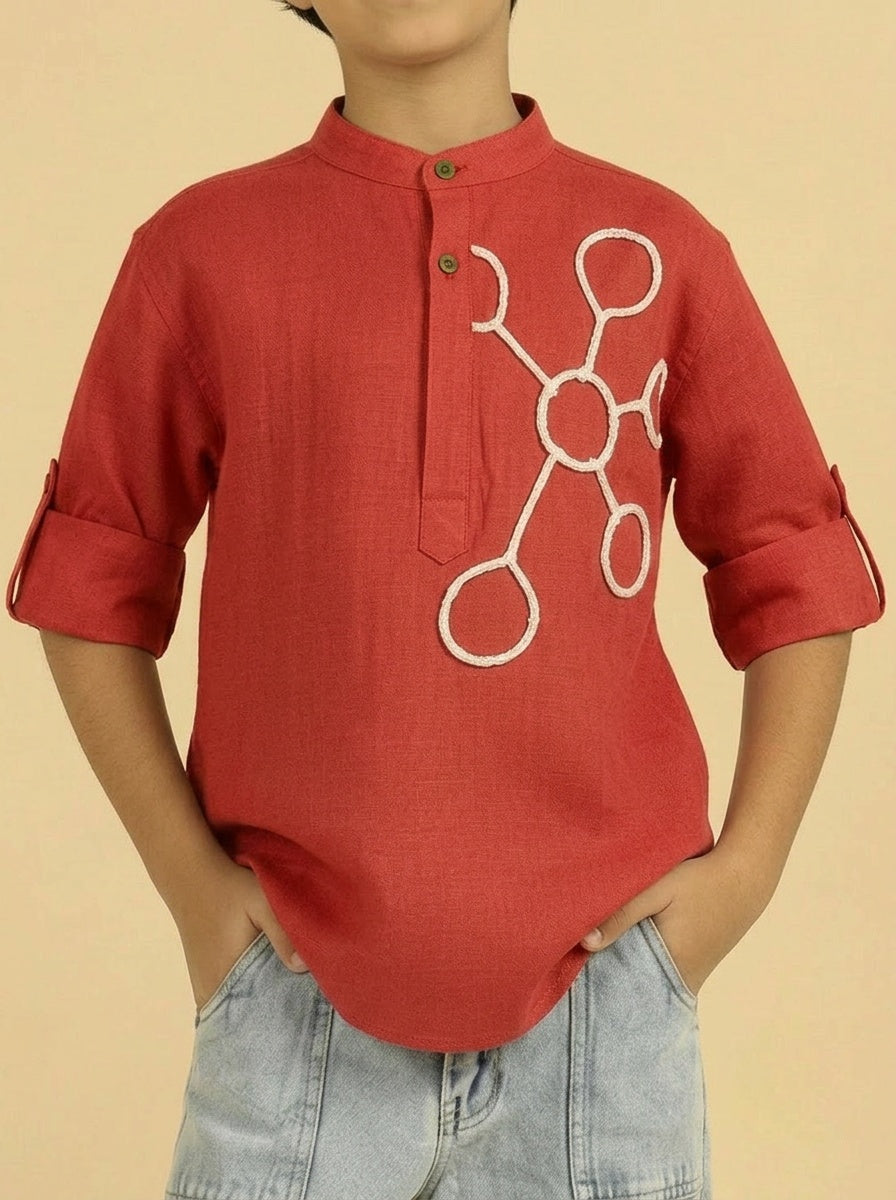 Red Color Cotton Calf Length Kurta For Boys