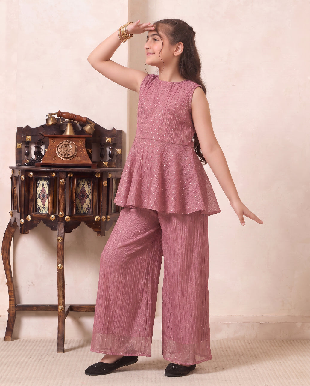 Girl's Solid Pink Shimmer Butta Peplum Top & Palazzo Set
